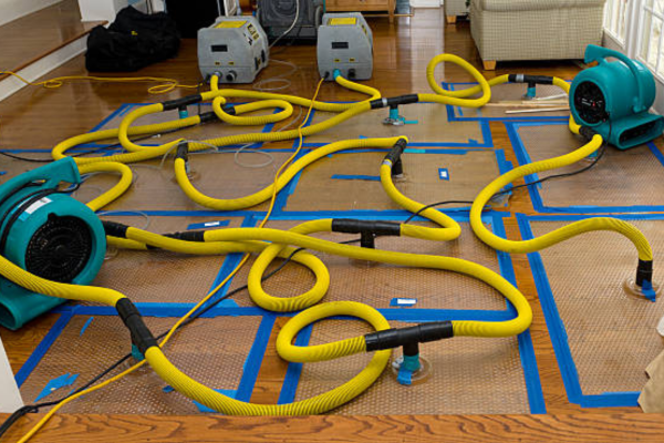 A setup of dehumidifiers and hoses used to dry hardwood floors after water damage.